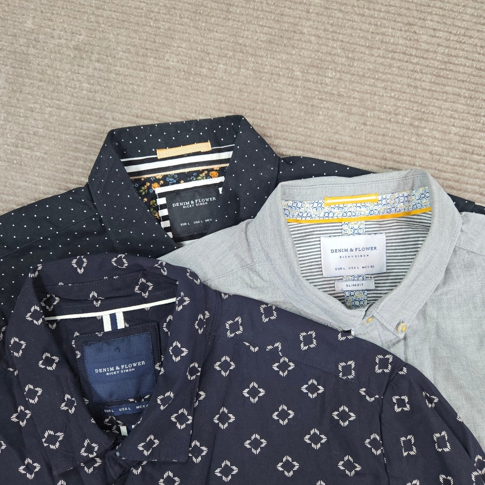 Denim & Flower Men Large Blue Navy 3 Pack Geometric Polka Dot Button Down Shirts